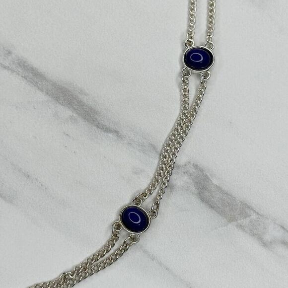 Chico's Blue Cabochon Double Strand Long Silver Tone Chain Link Station Necklace - Picture 6 of 16